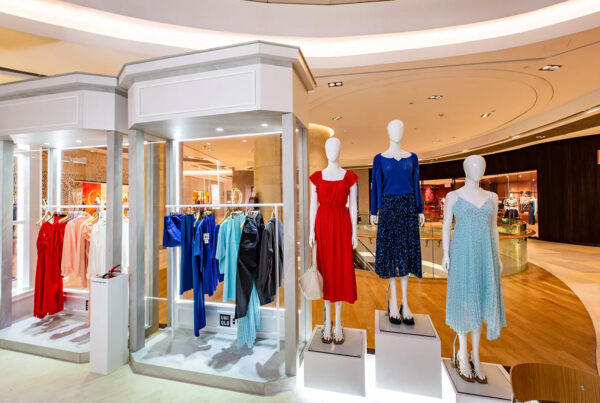 Fashion display of mannequins in colorful dresses at a shopping mall